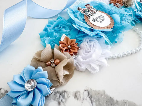 Toy Story Baby Shower Badge Set – Mommy & Daddy to Be Floral Sash & Pin with Cartoon Characters & Gold Glitter Accents