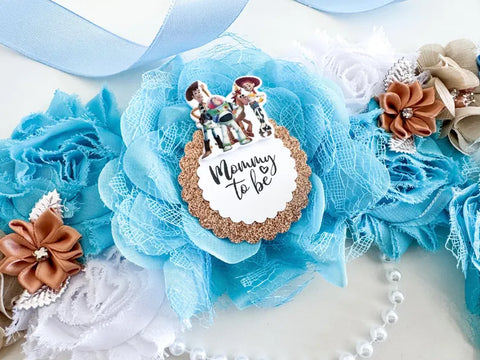 Toy Story Baby Shower Badge Set – Mommy & Daddy to Be Floral Sash & Pin with Cartoon Characters & Gold Glitter Accents