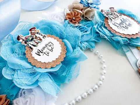 Toy Story Baby Shower Badge Set – Mommy & Daddy to Be Floral Sash & Pin with Cartoon Characters & Gold Glitter Accents