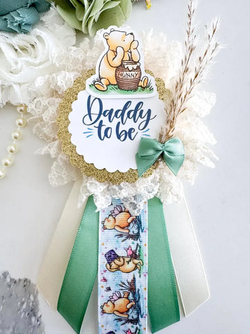 Winnie the Pooh Baby Shower Badge Set – Mommy & Daddy to Be Floral Pins with Honey Pot Illustrations & Teal Ribbon Accents