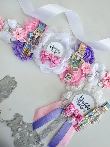 Nutcracker Baby Shower Badge Set – Mommy & Daddy to Be Floral Pins with Holiday Ribbons & Figurines