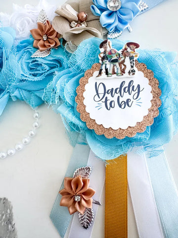 Toy Story Baby Shower Badge Set – Mommy & Daddy to Be Floral Sash & Pin with Cartoon Characters & Gold Glitter Accents