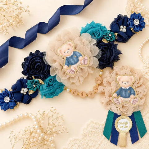 Teddy Bear Mommy to Be Sash & Daddy to Be Pin – Navy, Teal & Gold Baby Shower Set