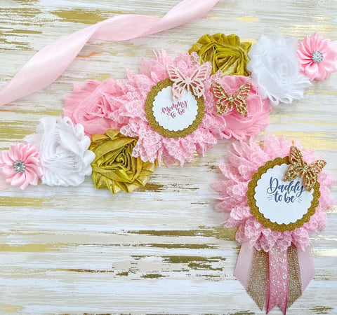Pink Butterfly Baby Shower Maternity Sash