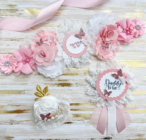 Pink and White Butterfly Baby Shower Maternity Sash