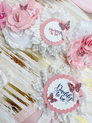 Pink and White Butterfly Baby Shower Maternity Sash