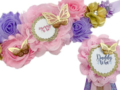 Purple Pink and Gold Butterfly Baby Shower Maternity Sash